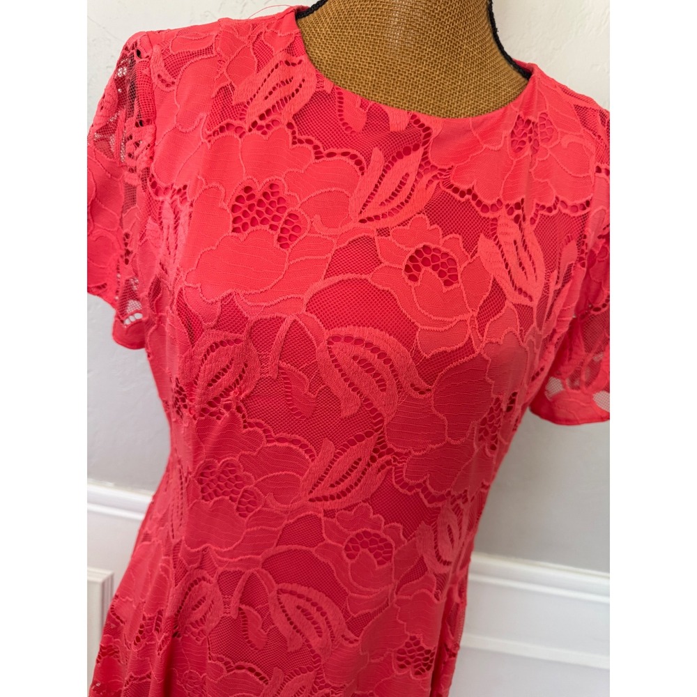 Preston & York Womens Coral Pink Floral Lace Short Sleeve Midi A-Line Dress 10 - Picture 4 of 10